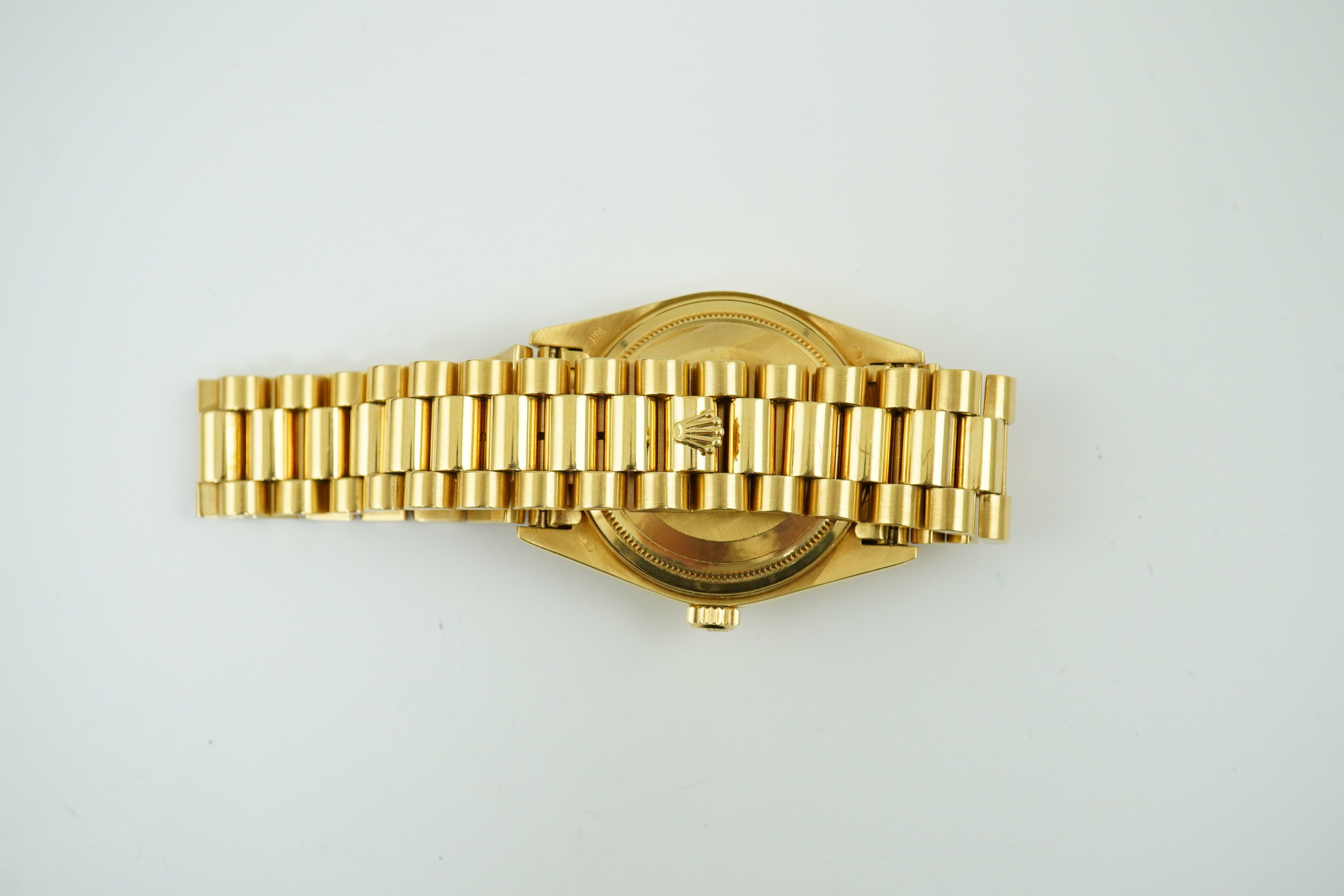 A gentleman's mid 1980's 18ct gold Rolex Oyster Perpetual Day-Date wrist watch, on an 18ct gold Rolex bracelet with deployment clasp